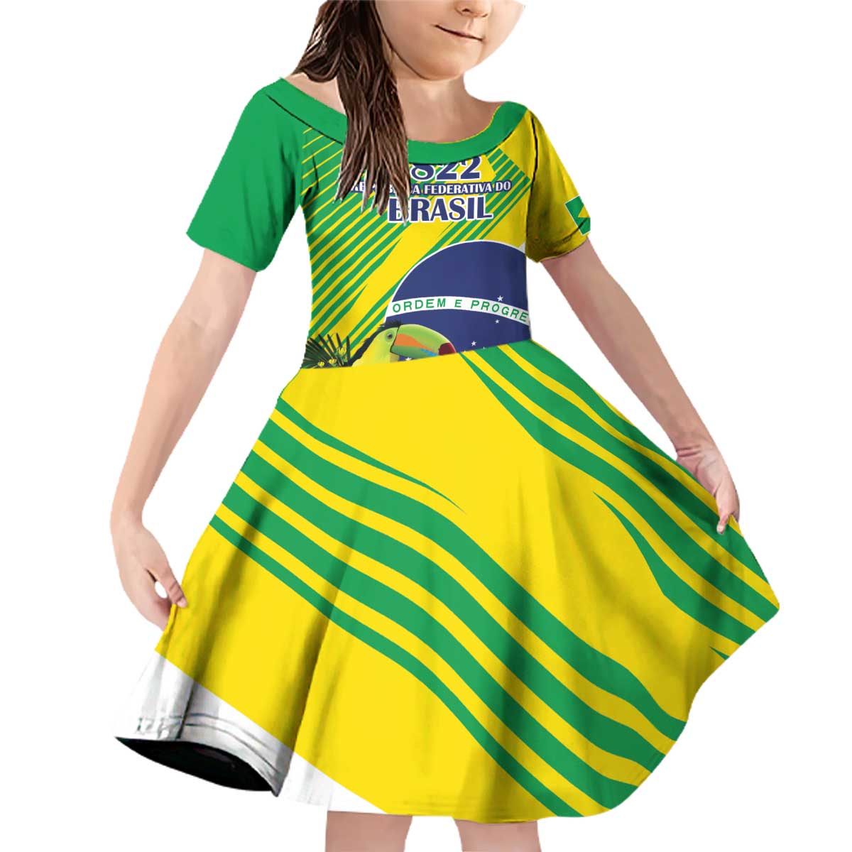 Custom Brazil Independence Day Family Matching Off Shoulder Short Dress and Hawaiian Shirt Toco Toucan Ordem e Progresso - Wonder Print Shop