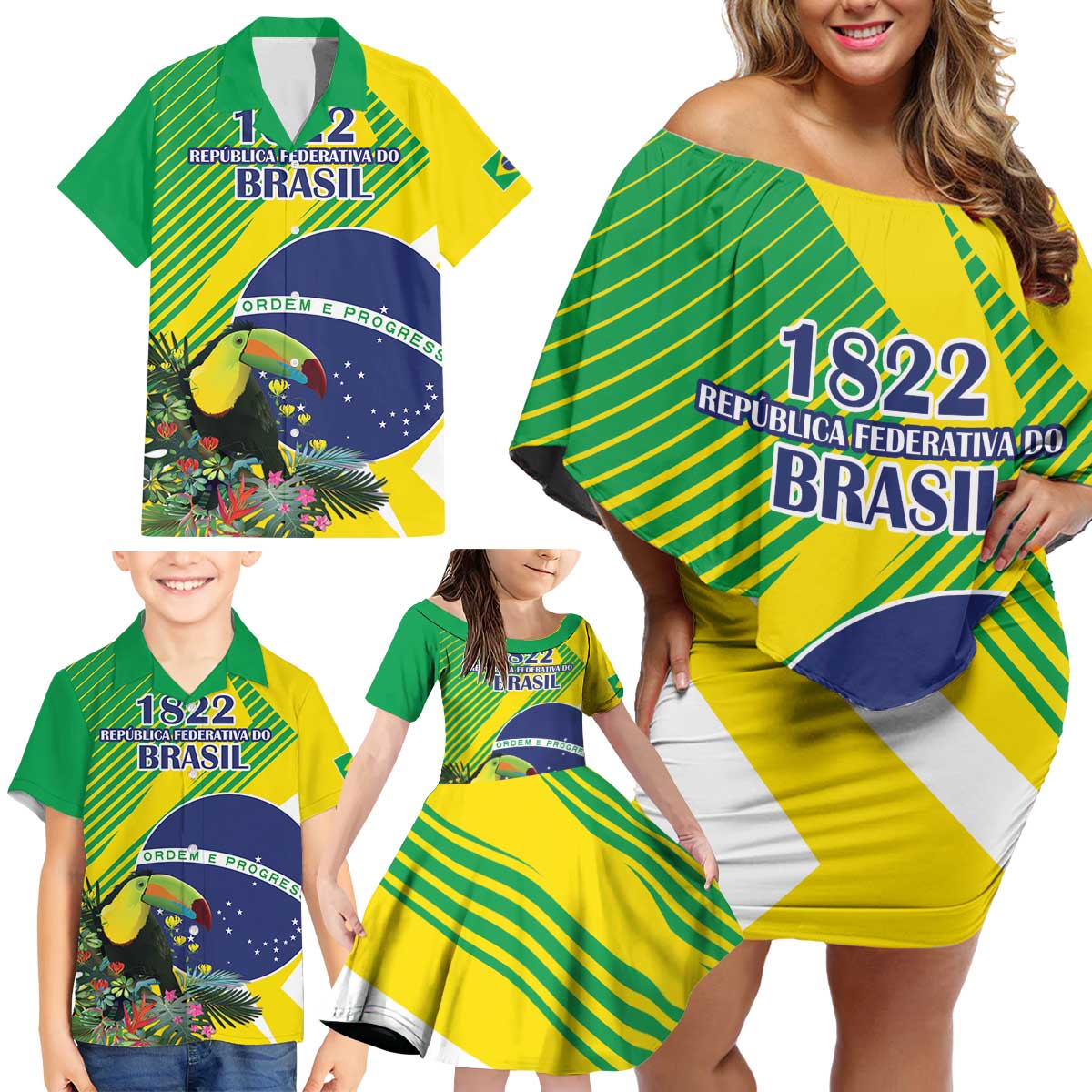 Custom Brazil Independence Day Family Matching Off Shoulder Short Dress and Hawaiian Shirt Toco Toucan Ordem e Progresso - Wonder Print Shop
