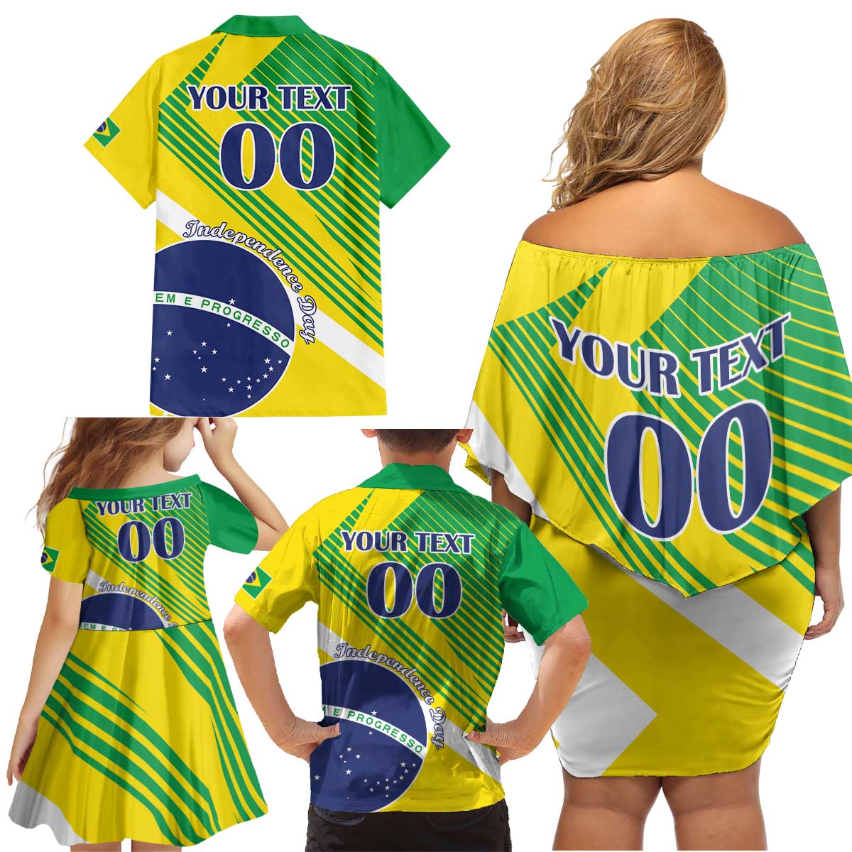 Custom Brazil Independence Day Family Matching Off Shoulder Short Dress and Hawaiian Shirt Toco Toucan Ordem e Progresso - Wonder Print Shop