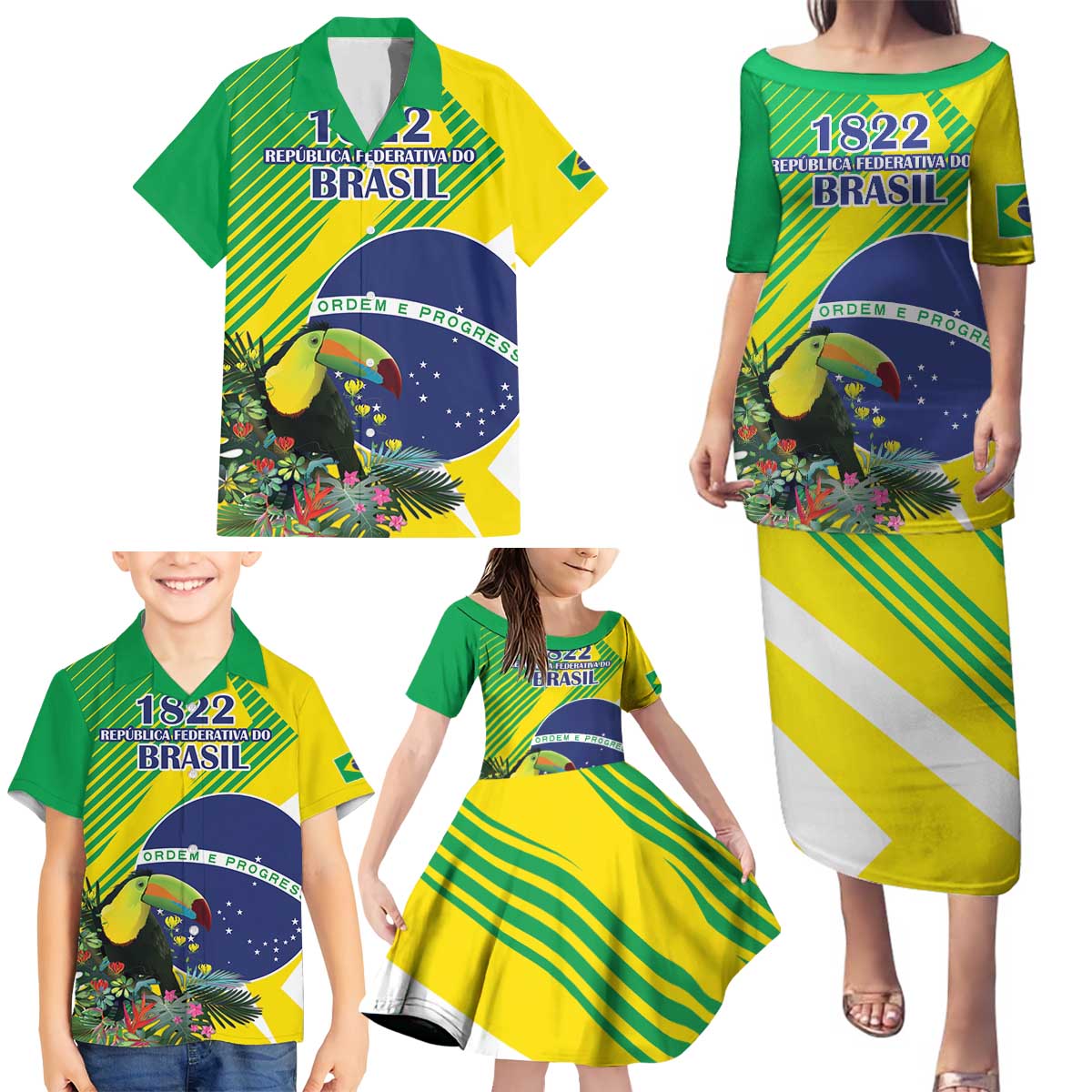 Custom Brazil Independence Day Family Matching Puletasi and Hawaiian Shirt Toco Toucan Ordem e Progresso - Wonder Print Shop