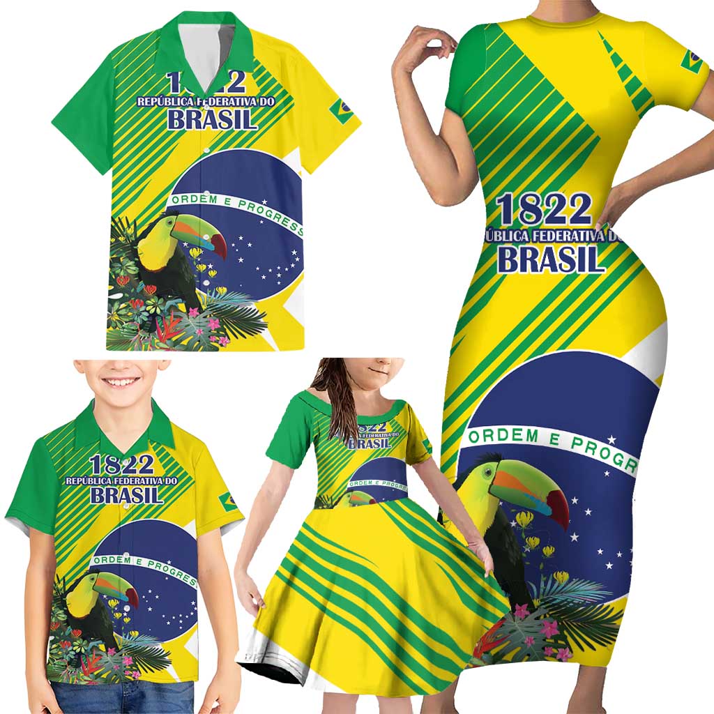 Custom Brazil Independence Day Family Matching Short Sleeve Bodycon Dress and Hawaiian Shirt Toco Toucan Ordem e Progresso - Wonder Print Shop