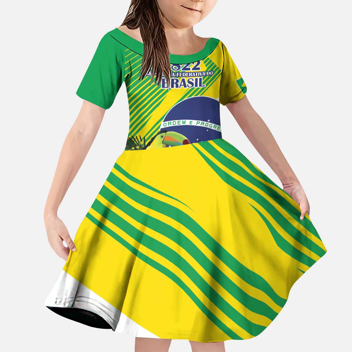 Custom Brazil Independence Day Kid Short Sleeve Dress Toco Toucan Ordem e Progresso - Wonder Print Shop