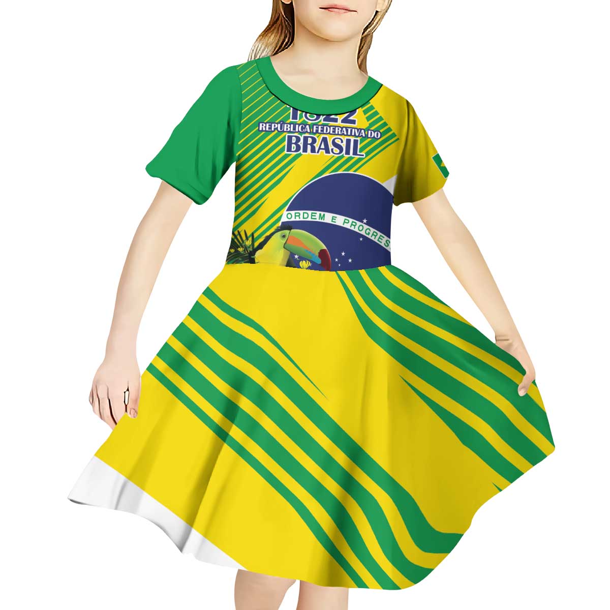 Custom Brazil Independence Day Kid Short Sleeve Dress Toco Toucan Ordem e Progresso - Wonder Print Shop