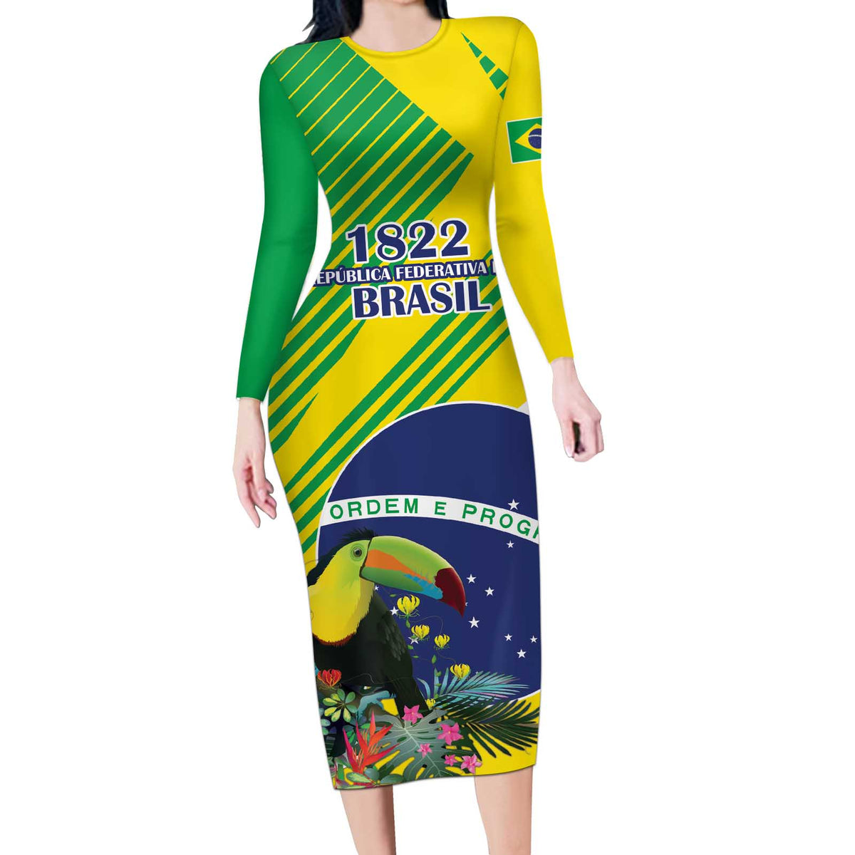 Custom Brazil Independence Day Long Sleeve Bodycon Dress Toco Toucan Ordem e Progresso - Wonder Print Shop