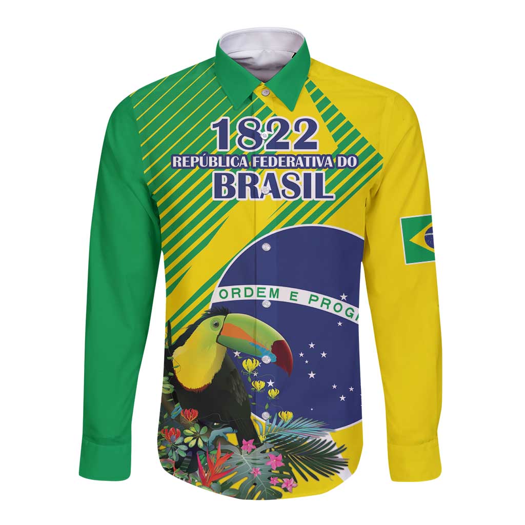 Custom Brazil Independence Day Long Sleeve Button Shirt Toco Toucan Ordem e Progresso - Wonder Print Shop