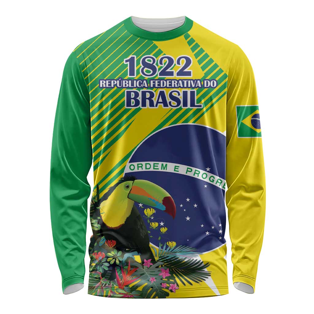 Custom Brazil Independence Day Long Sleeve Shirt Toco Toucan Ordem e Progresso - Wonder Print Shop