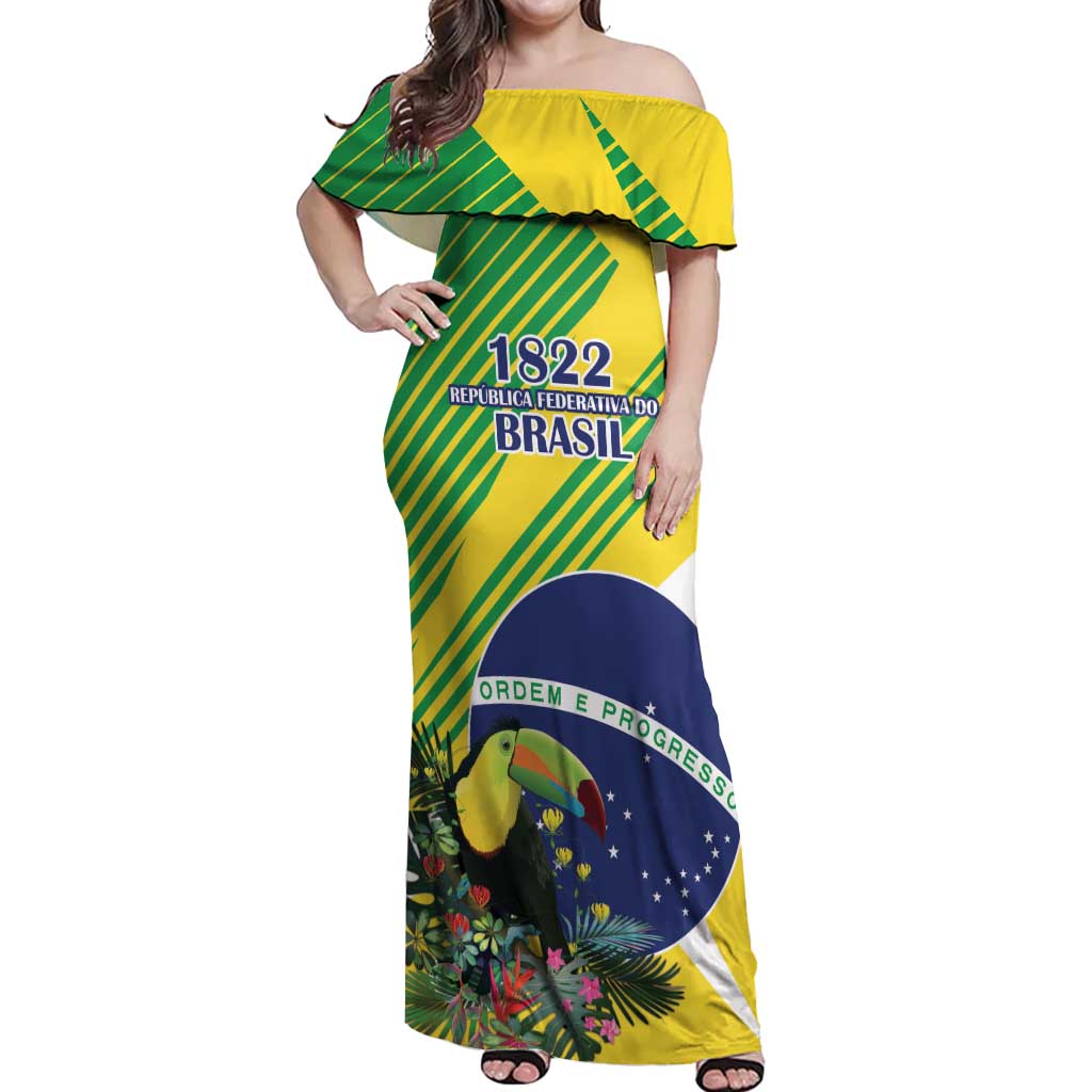 Custom Brazil Independence Day Off Shoulder Maxi Dress Toco Toucan Ordem e Progresso - Wonder Print Shop