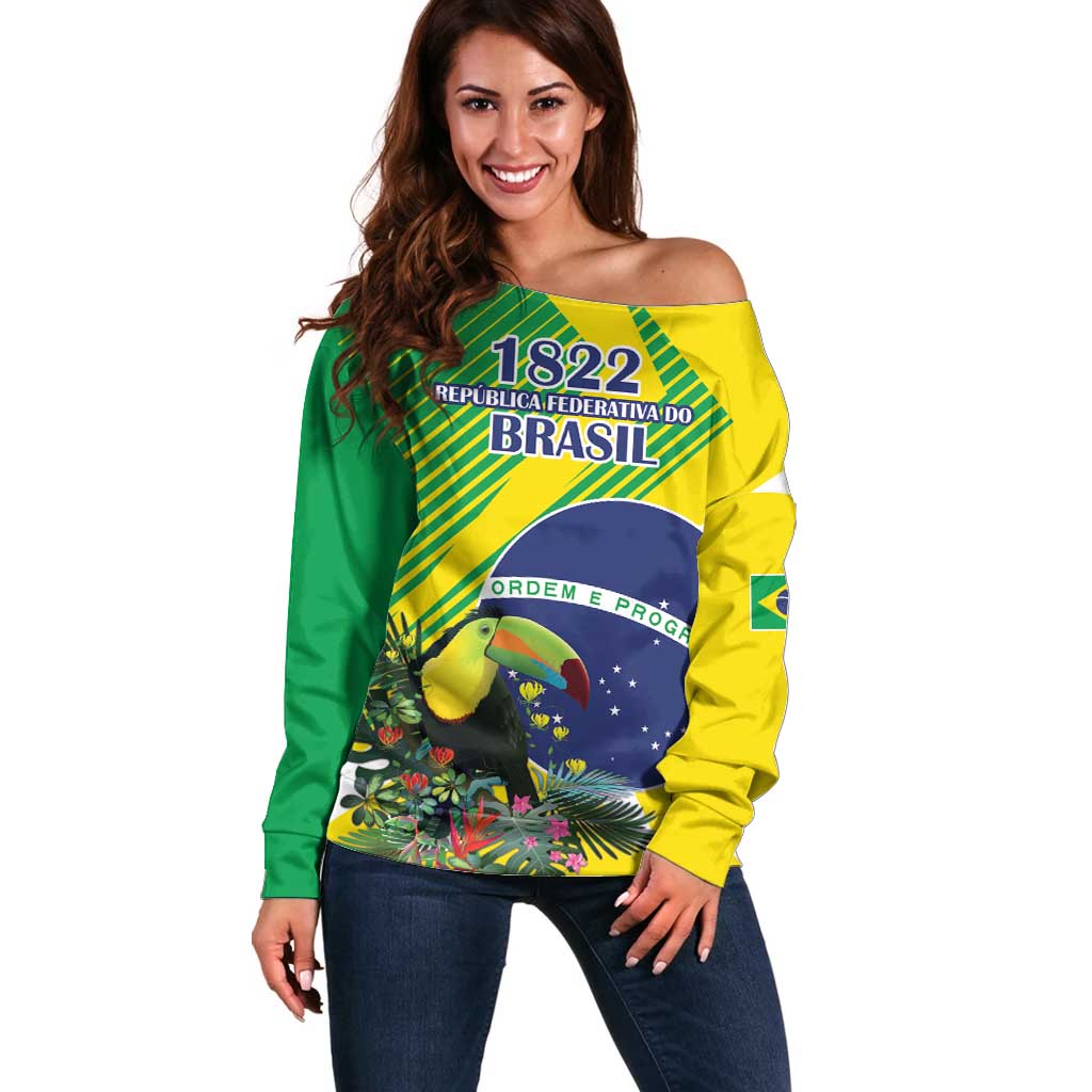 Custom Brazil Independence Day Off Shoulder Sweater Toco Toucan Ordem e Progresso - Wonder Print Shop