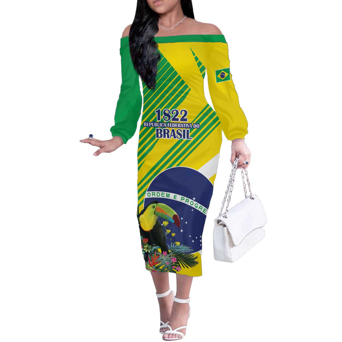 Custom Brazil Independence Day Off The Shoulder Long Sleeve Dress Toco Toucan Ordem e Progresso - Wonder Print Shop