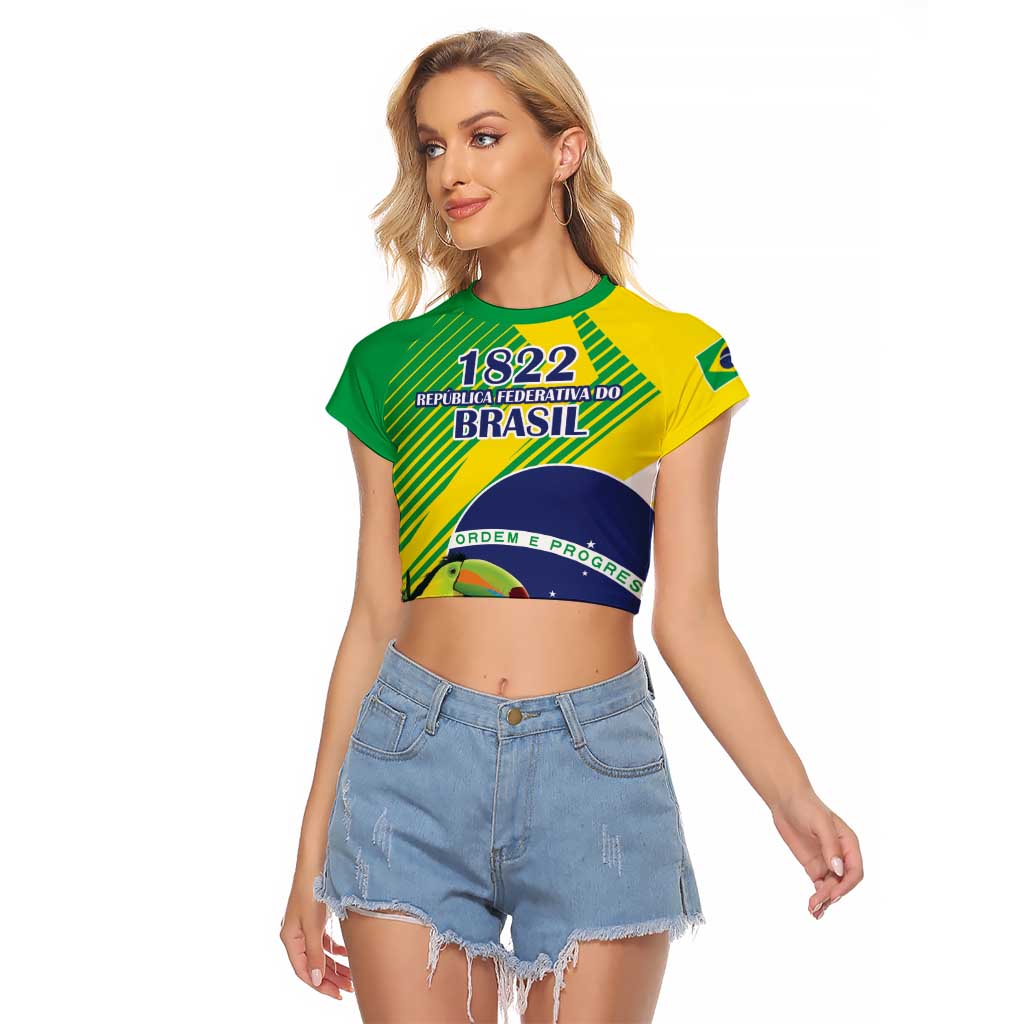 Custom Brazil Independence Day Raglan Cropped T Shirt Toco Toucan Ordem e Progresso - Wonder Print Shop