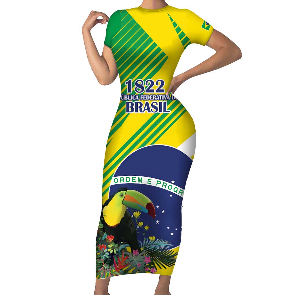 Custom Brazil Independence Day Short Sleeve Bodycon Dress Toco Toucan Ordem e Progresso - Wonder Print Shop