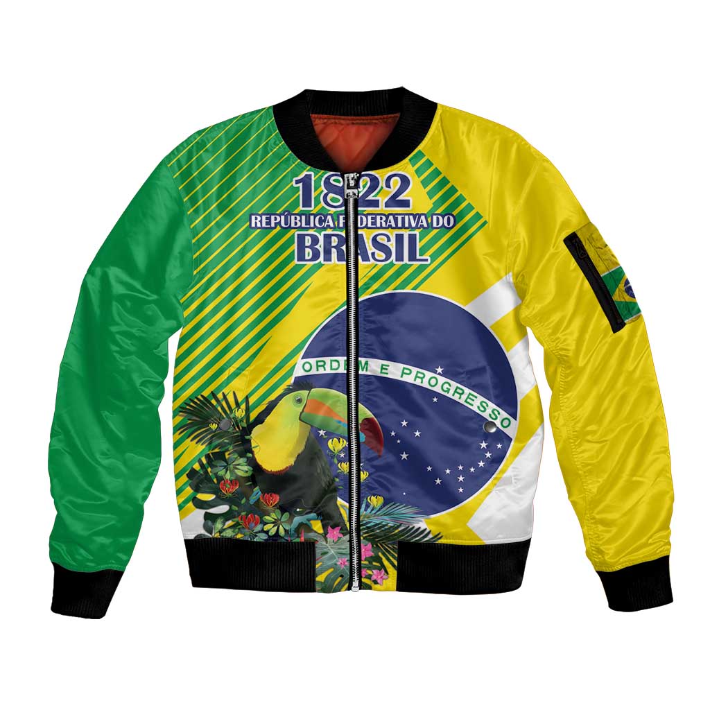 Custom Brazil Independence Day Sleeve Zip Bomber Jacket Toco Toucan Ordem e Progresso - Wonder Print Shop
