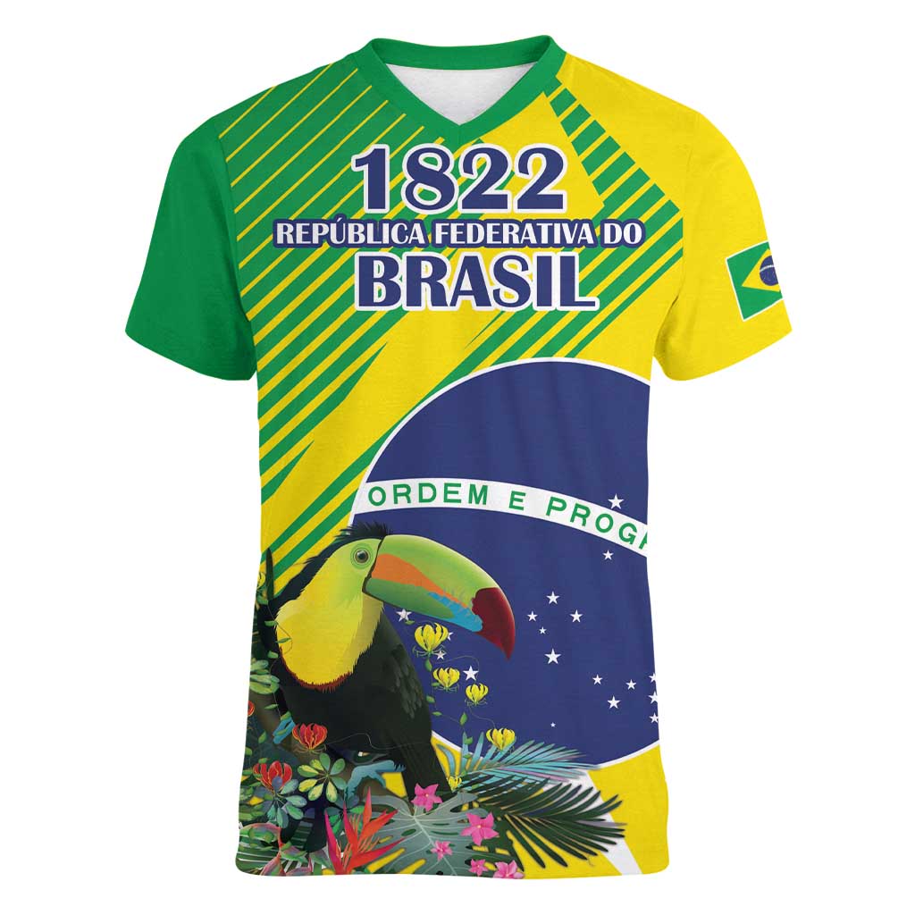 Custom Brazil Independence Day Women V-Neck T-Shirt Toco Toucan Ordem e Progresso - Wonder Print Shop