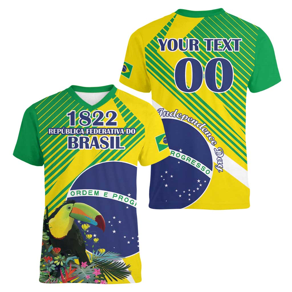 Custom Brazil Independence Day Women V-Neck T-Shirt Toco Toucan Ordem e Progresso - Wonder Print Shop