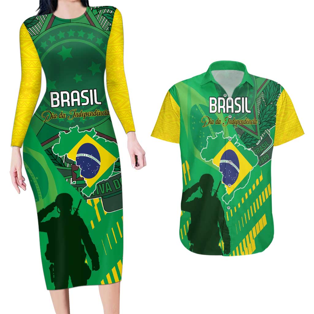 Custom Brazil Happy Independence Day Couples Matching Long Sleeve Bodycon Dress and Hawaiian Shirt Cristo Redentor Flag Style - Wonder Print Shop