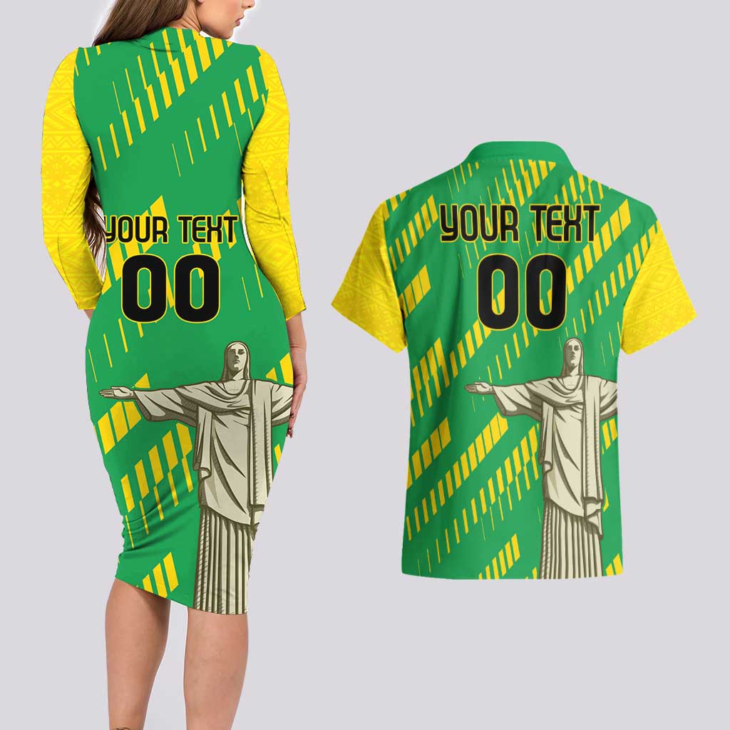 Custom Brazil Happy Independence Day Couples Matching Long Sleeve Bodycon Dress and Hawaiian Shirt Cristo Redentor Flag Style - Wonder Print Shop