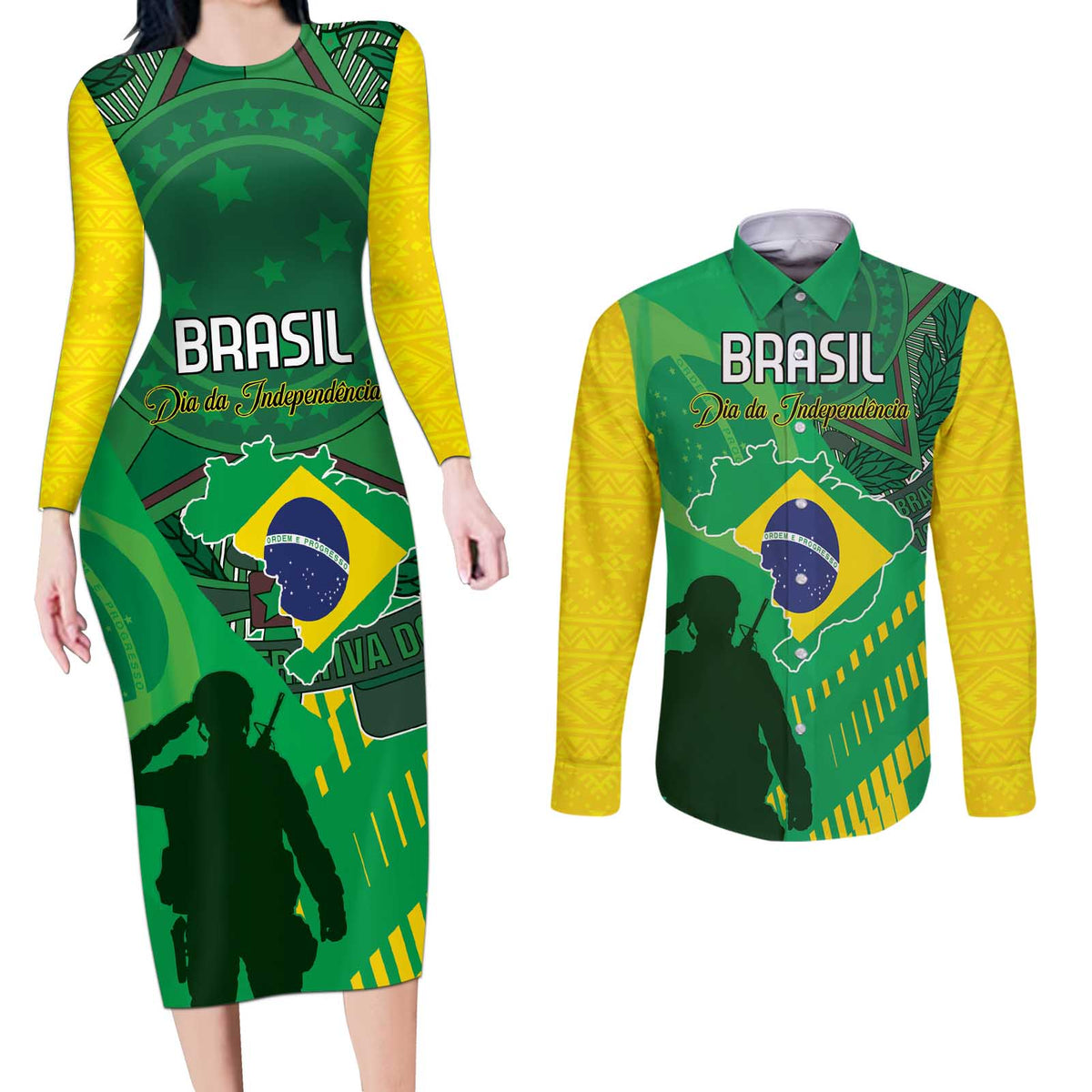 Custom Brazil Happy Independence Day Couples Matching Long Sleeve Bodycon Dress and Long Sleeve Button Shirt Cristo Redentor Flag Style - Wonder Print Shop