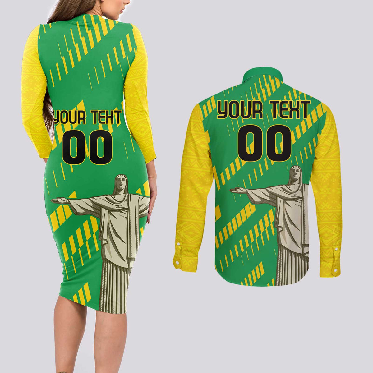 Custom Brazil Happy Independence Day Couples Matching Long Sleeve Bodycon Dress and Long Sleeve Button Shirt Cristo Redentor Flag Style - Wonder Print Shop