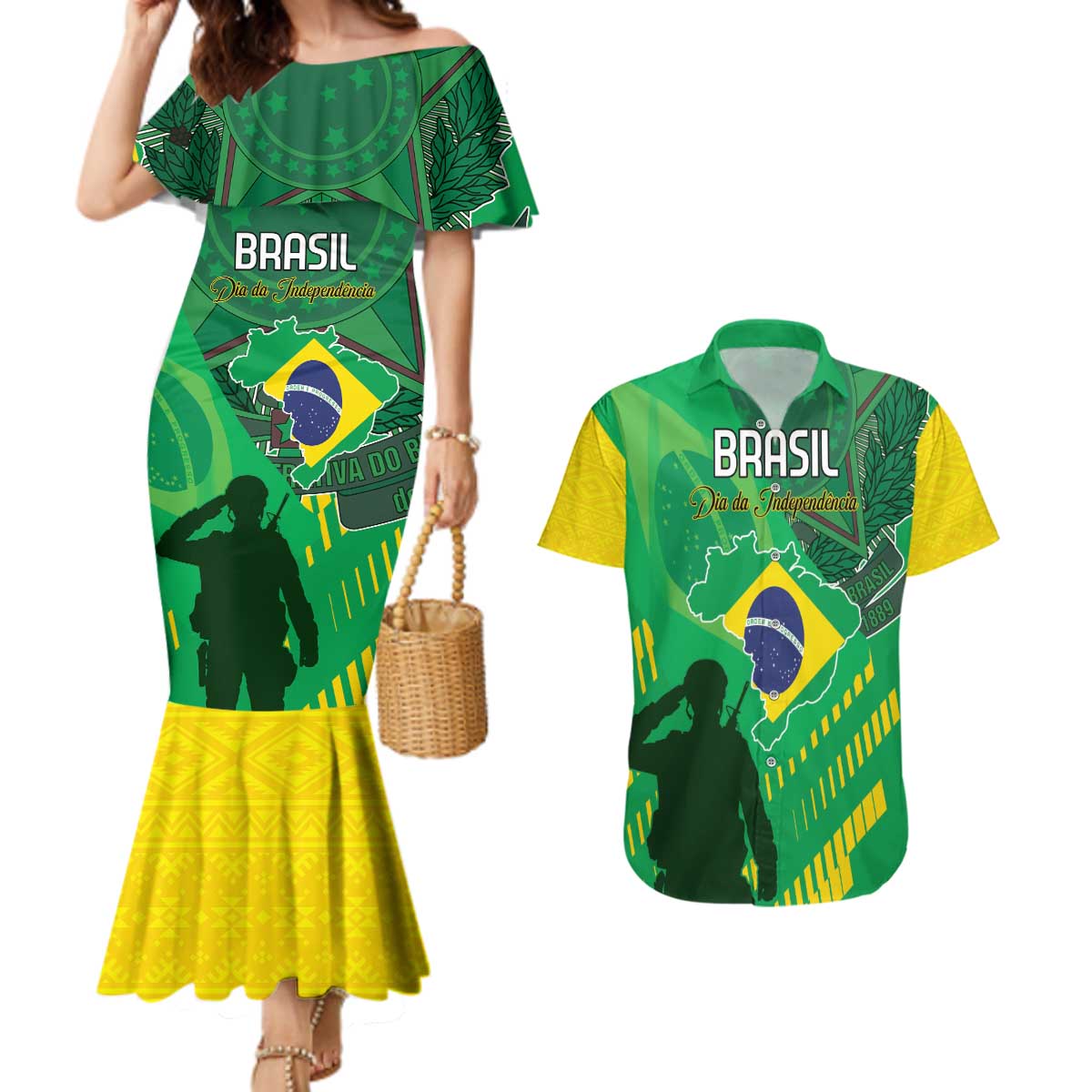 Custom Brazil Happy Independence Day Couples Matching Mermaid Dress and Hawaiian Shirt Cristo Redentor Flag Style - Wonder Print Shop