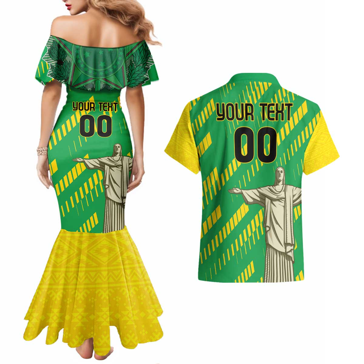 Custom Brazil Happy Independence Day Couples Matching Mermaid Dress and Hawaiian Shirt Cristo Redentor Flag Style - Wonder Print Shop
