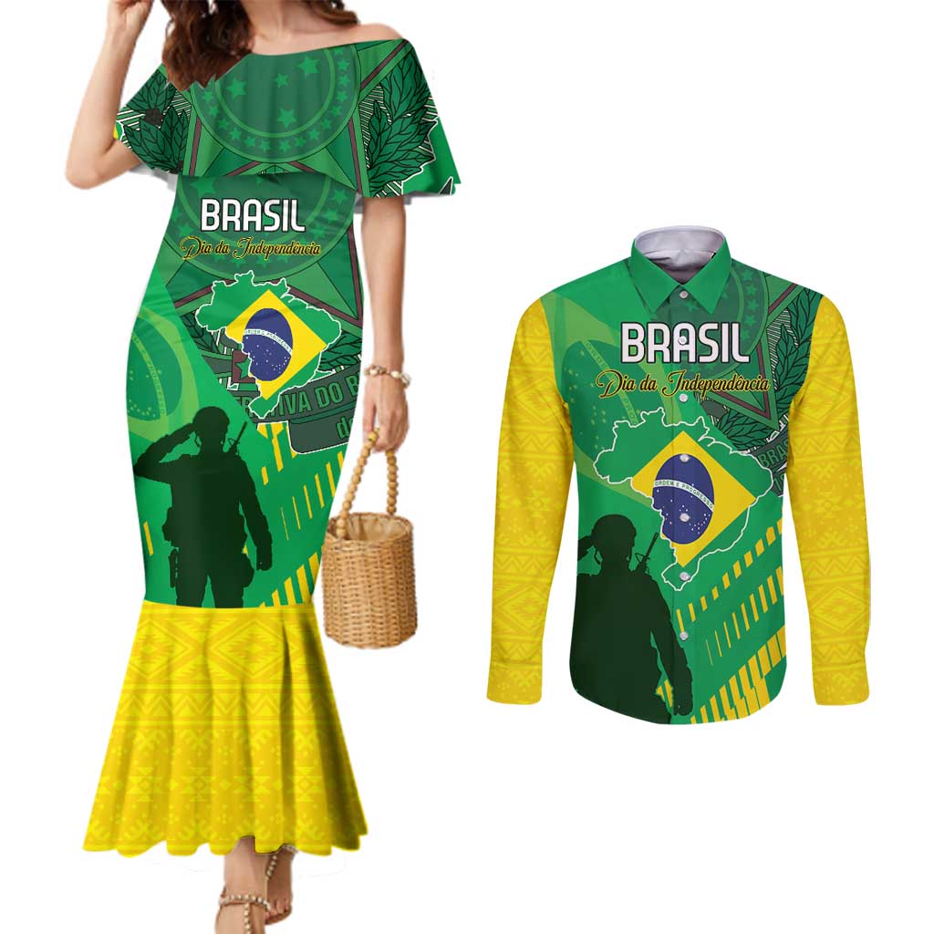 Custom Brazil Happy Independence Day Couples Matching Mermaid Dress and Long Sleeve Button Shirt Cristo Redentor Flag Style