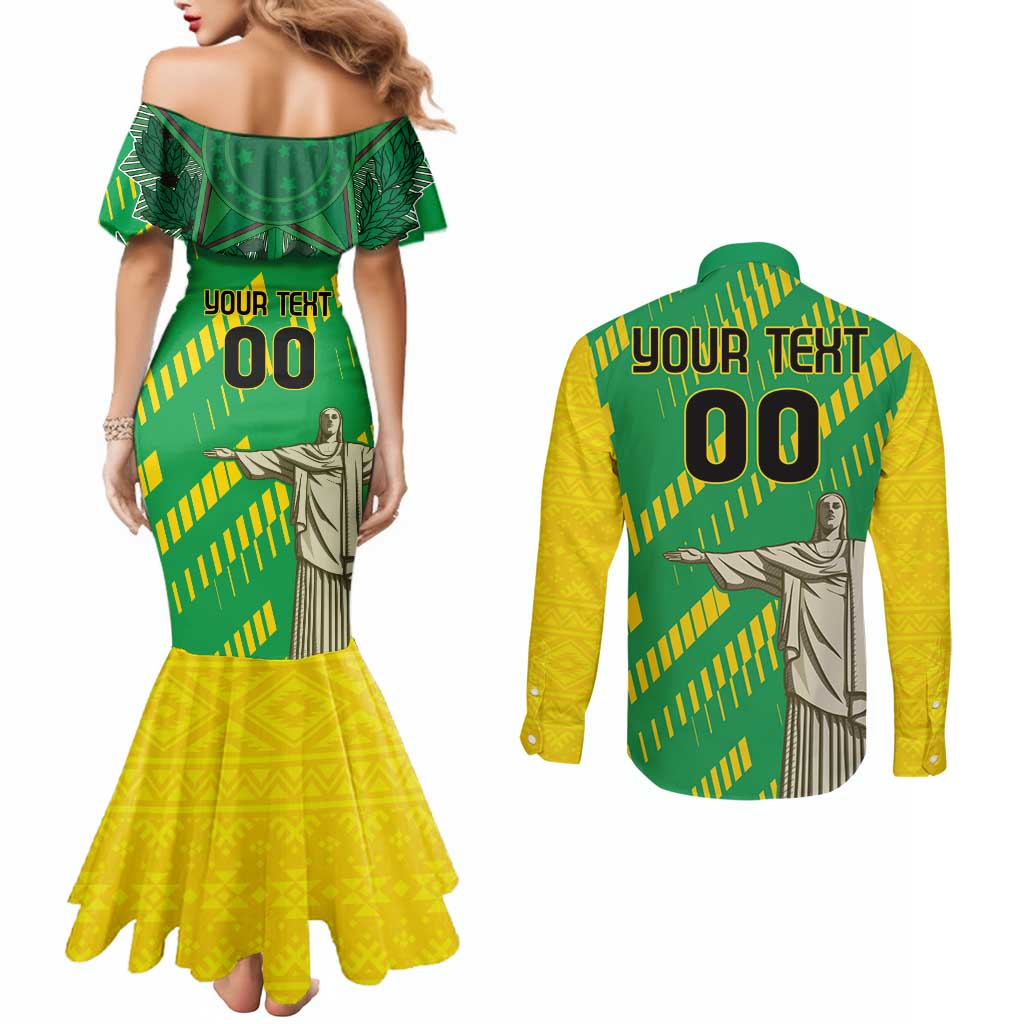 Custom Brazil Happy Independence Day Couples Matching Mermaid Dress and Long Sleeve Button Shirt Cristo Redentor Flag Style