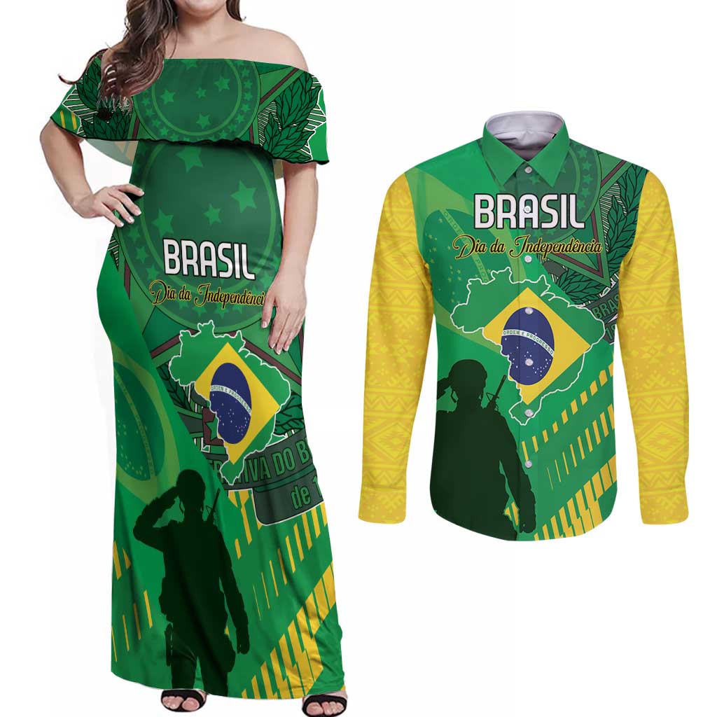 Custom Brazil Happy Independence Day Couples Matching Off Shoulder Maxi Dress and Long Sleeve Button Shirt Cristo Redentor Flag Style - Wonder Print Shop