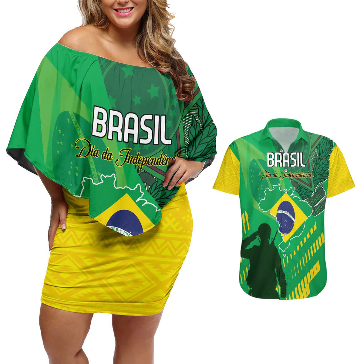 Custom Brazil Happy Independence Day Couples Matching Off Shoulder Short Dress and Hawaiian Shirt Cristo Redentor Flag Style - Wonder Print Shop
