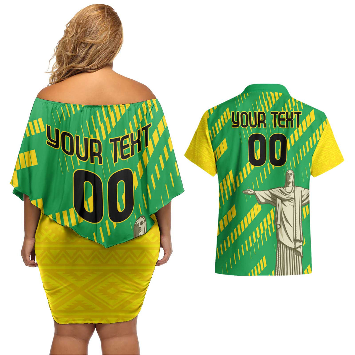 Custom Brazil Happy Independence Day Couples Matching Off Shoulder Short Dress and Hawaiian Shirt Cristo Redentor Flag Style - Wonder Print Shop