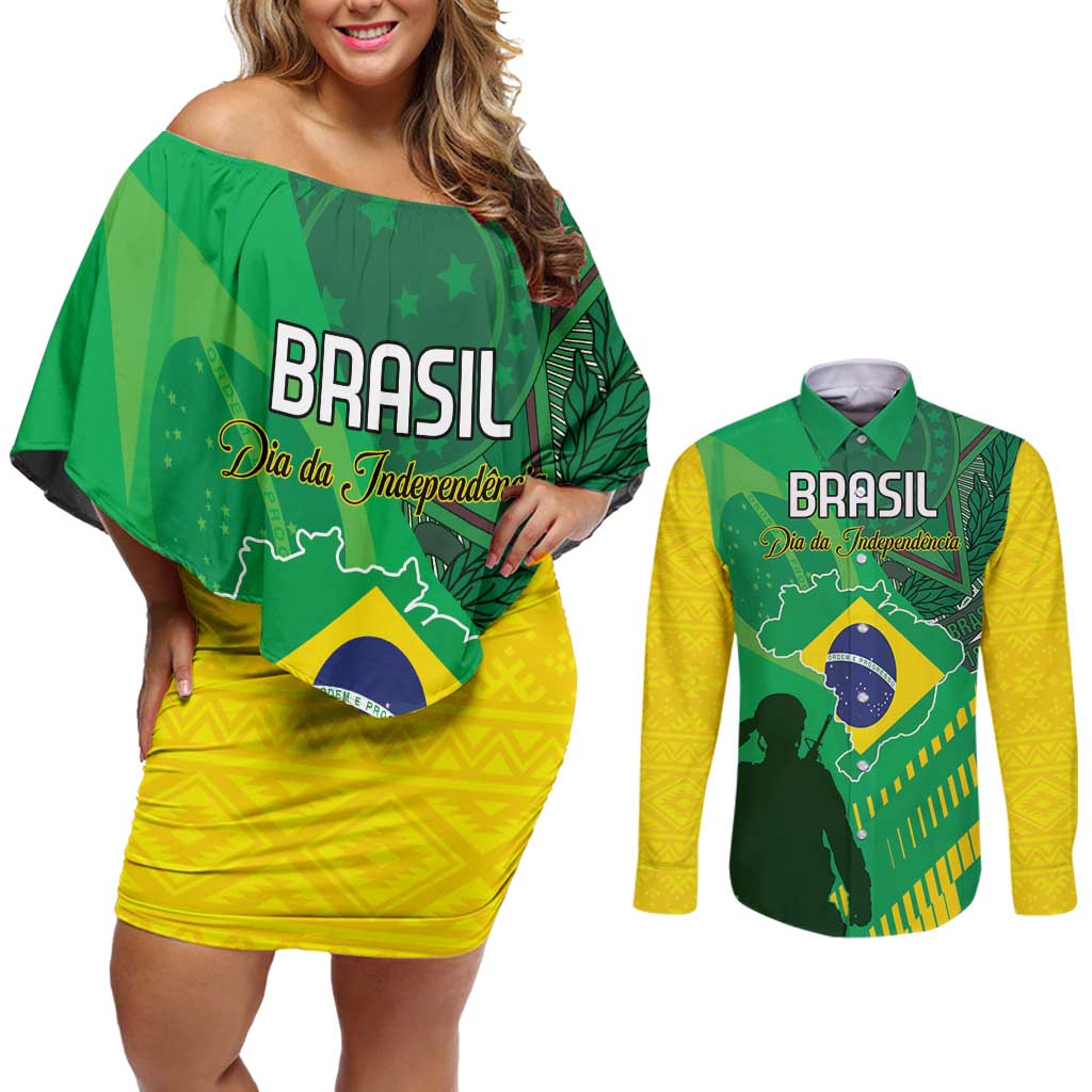 Custom Brazil Happy Independence Day Couples Matching Off Shoulder Short Dress and Long Sleeve Button Shirt Cristo Redentor Flag Style - Wonder Print Shop