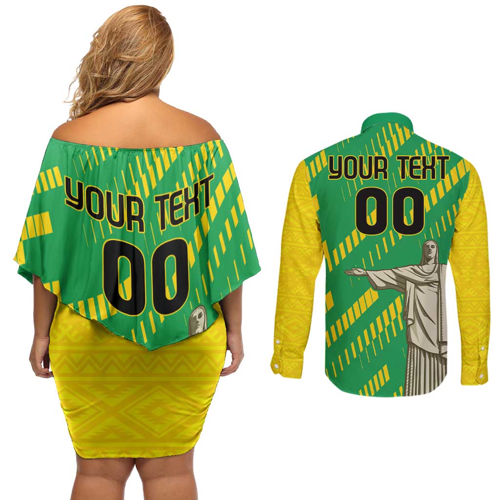 Custom Brazil Happy Independence Day Couples Matching Off Shoulder Short Dress and Long Sleeve Button Shirt Cristo Redentor Flag Style - Wonder Print Shop