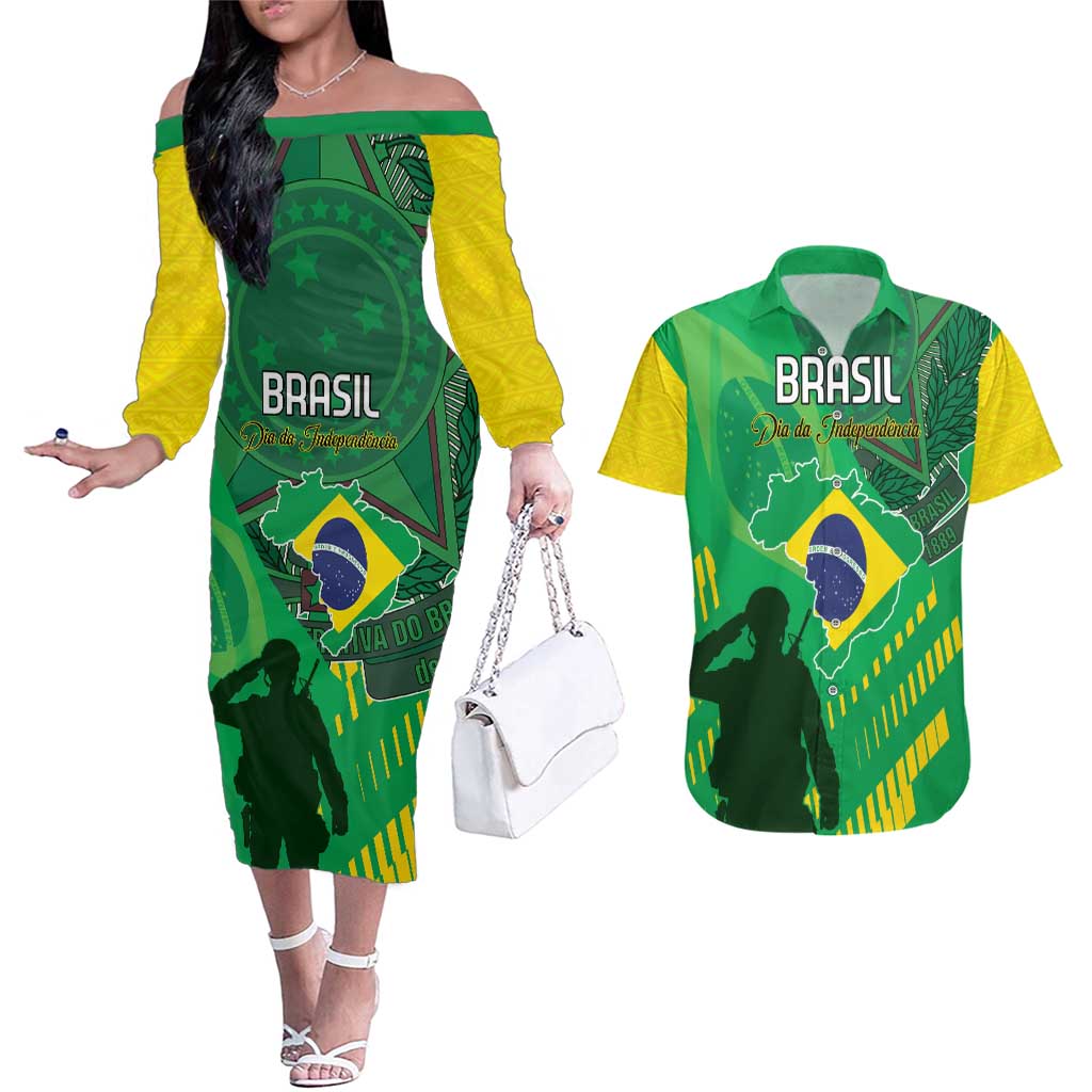 Custom Brazil Happy Independence Day Couples Matching Off The Shoulder Long Sleeve Dress and Hawaiian Shirt Cristo Redentor Flag Style - Wonder Print Shop