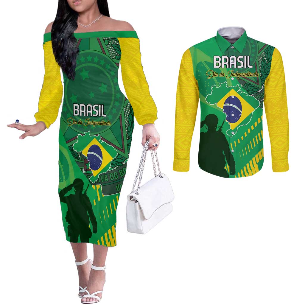 Custom Brazil Happy Independence Day Couples Matching Off The Shoulder Long Sleeve Dress and Long Sleeve Button Shirt Cristo Redentor Flag Style
