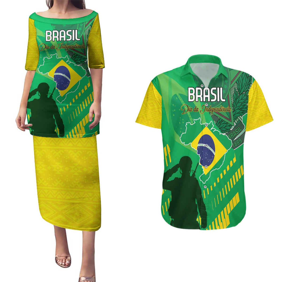 Custom Brazil Happy Independence Day Couples Matching Puletasi and Hawaiian Shirt Cristo Redentor Flag Style - Wonder Print Shop