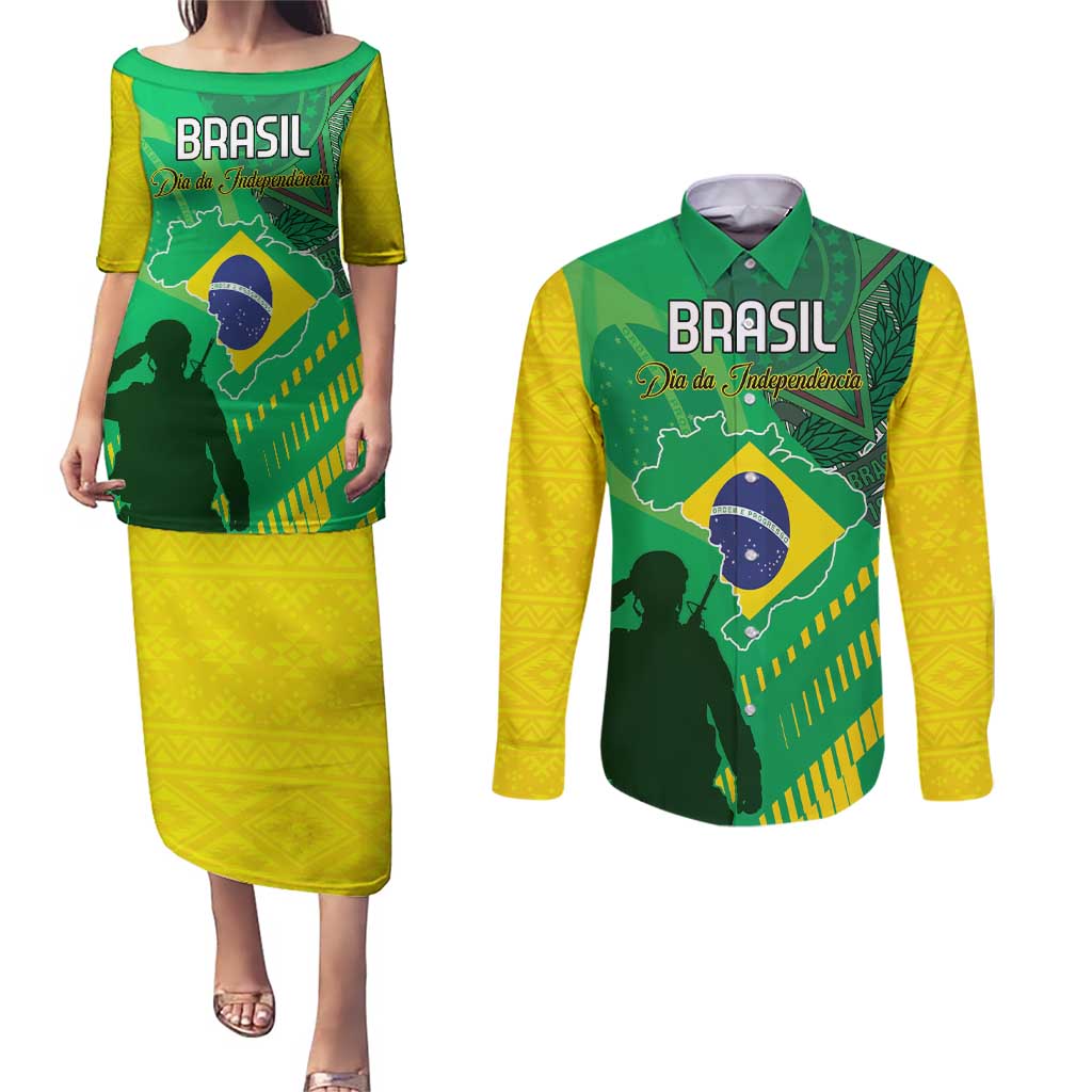 Custom Brazil Happy Independence Day Couples Matching Puletasi and Long Sleeve Button Shirt Cristo Redentor Flag Style - Wonder Print Shop