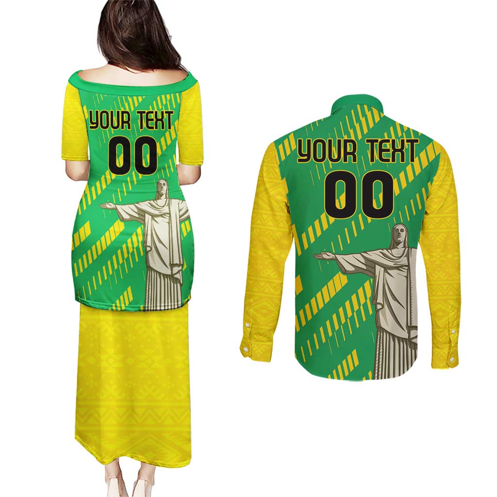 Custom Brazil Happy Independence Day Couples Matching Puletasi and Long Sleeve Button Shirt Cristo Redentor Flag Style - Wonder Print Shop