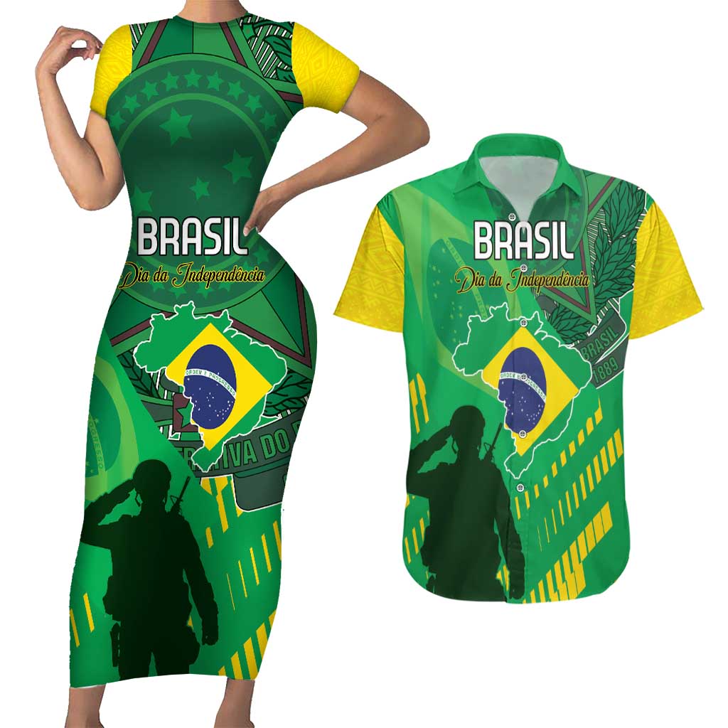 Custom Brazil Happy Independence Day Couples Matching Short Sleeve Bodycon Dress and Hawaiian Shirt Cristo Redentor Flag Style - Wonder Print Shop
