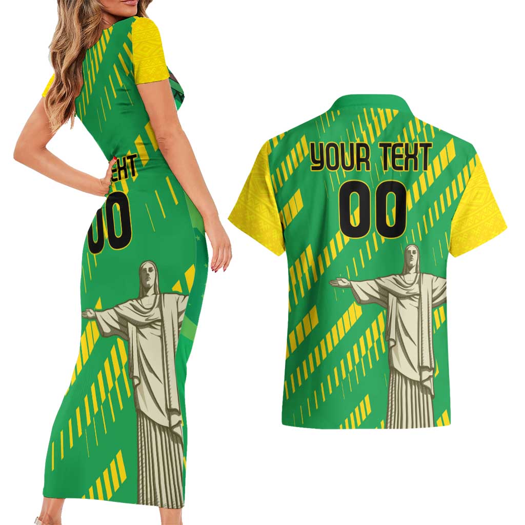 Custom Brazil Happy Independence Day Couples Matching Short Sleeve Bodycon Dress and Hawaiian Shirt Cristo Redentor Flag Style - Wonder Print Shop