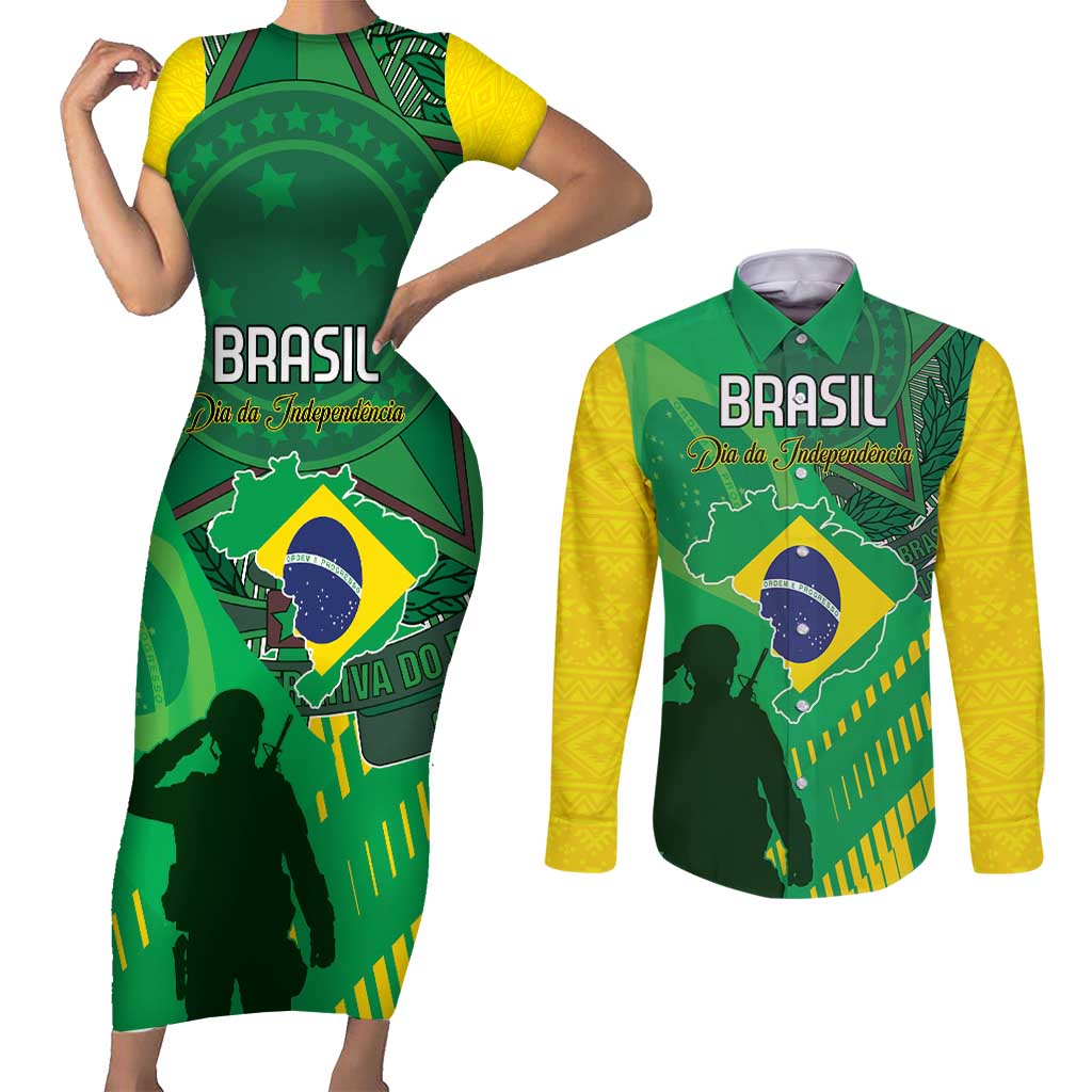 Custom Brazil Happy Independence Day Couples Matching Short Sleeve Bodycon Dress and Long Sleeve Button Shirt Cristo Redentor Flag Style - Wonder Print Shop