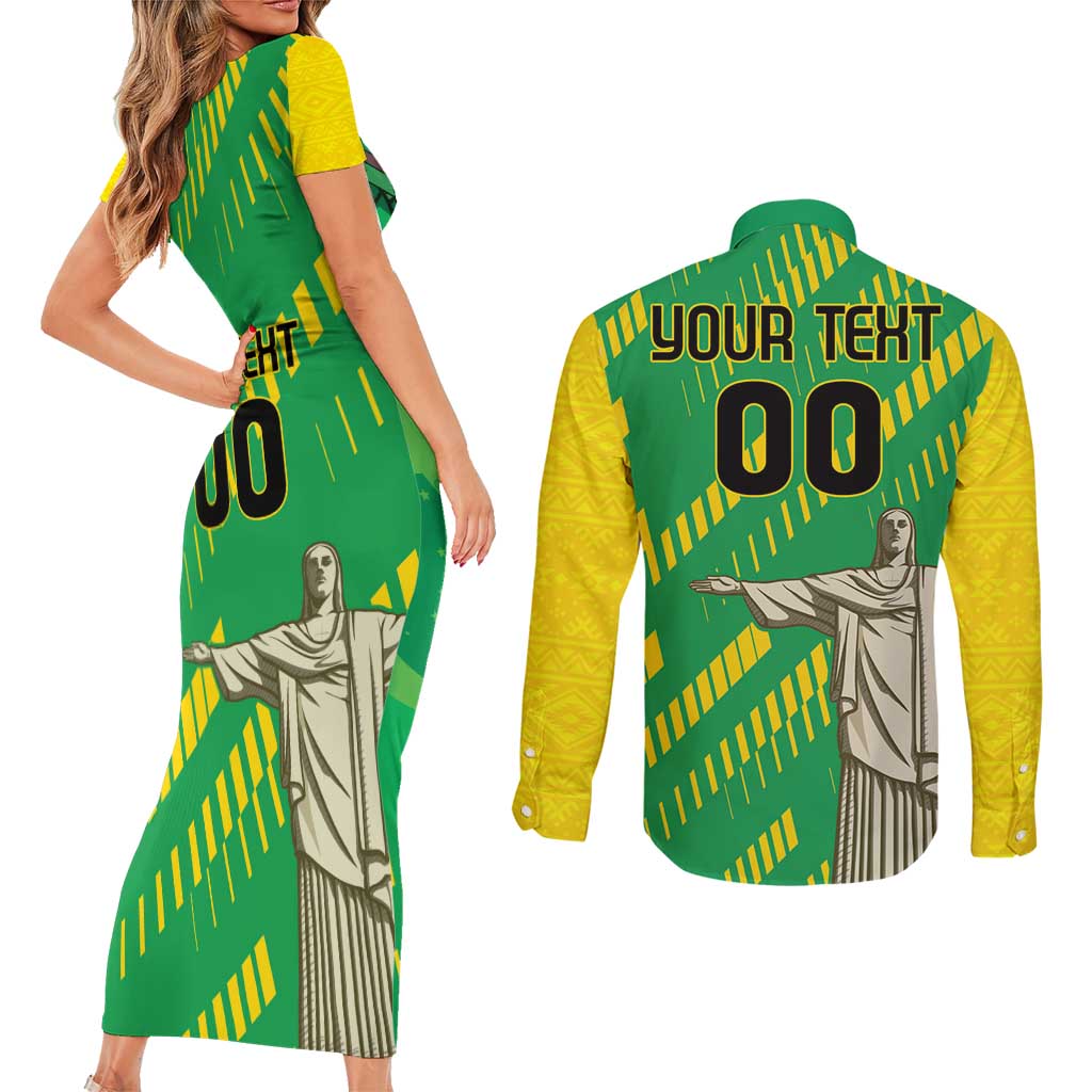 Custom Brazil Happy Independence Day Couples Matching Short Sleeve Bodycon Dress and Long Sleeve Button Shirt Cristo Redentor Flag Style - Wonder Print Shop