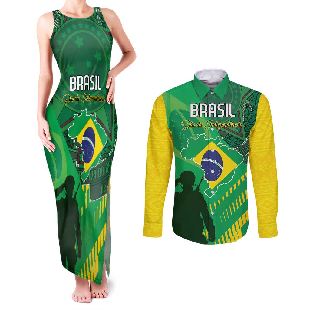 Custom Brazil Happy Independence Day Couples Matching Tank Maxi Dress and Long Sleeve Button Shirt Cristo Redentor Flag Style - Wonder Print Shop