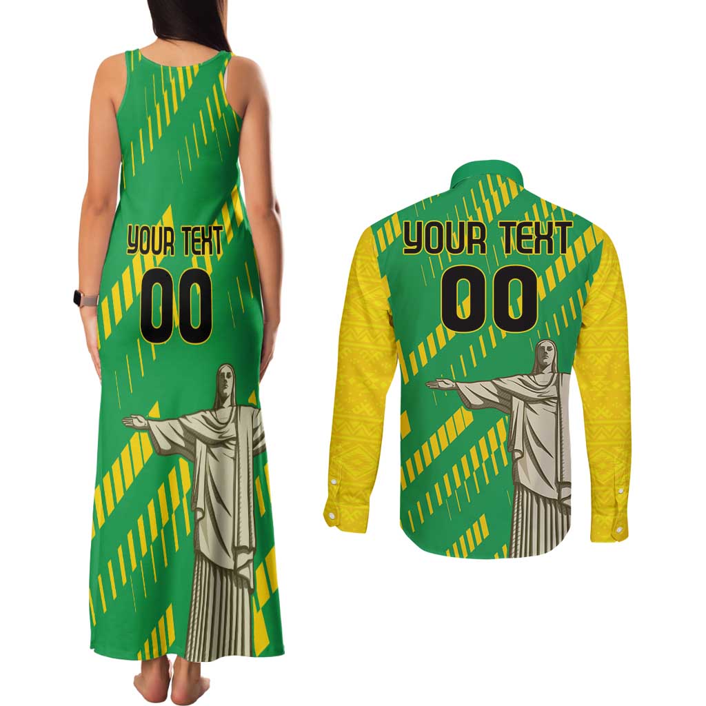 Custom Brazil Happy Independence Day Couples Matching Tank Maxi Dress and Long Sleeve Button Shirt Cristo Redentor Flag Style - Wonder Print Shop