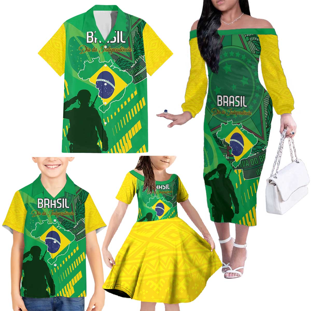 Custom Brazil Happy Independence Day Family Matching Off The Shoulder Long Sleeve Dress and Hawaiian Shirt Cristo Redentor Flag Style - Wonder Print Shop
