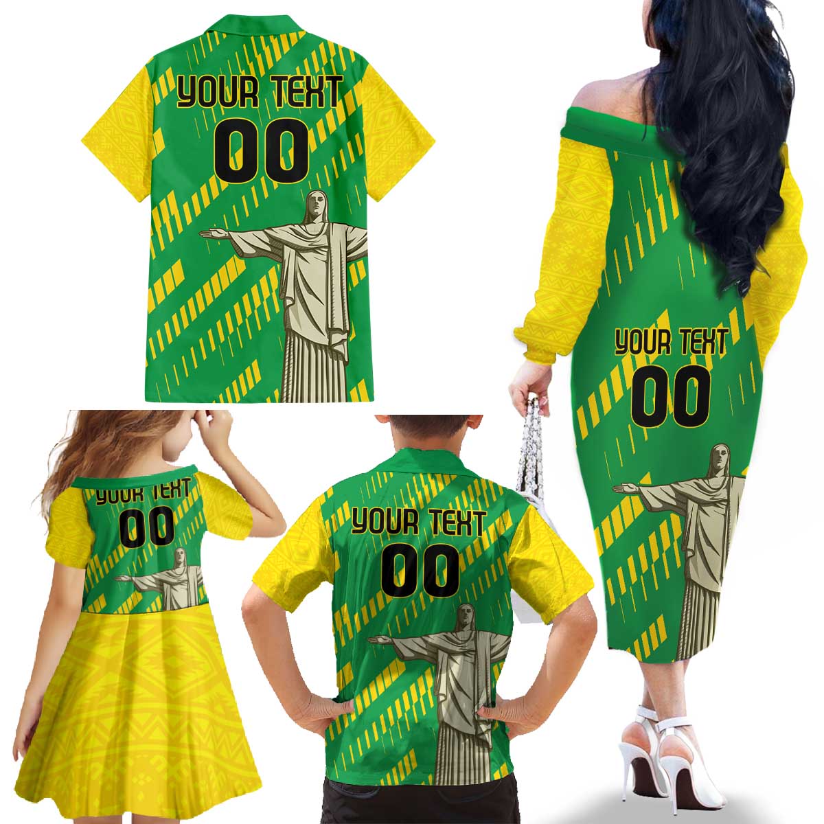Custom Brazil Happy Independence Day Family Matching Off The Shoulder Long Sleeve Dress and Hawaiian Shirt Cristo Redentor Flag Style - Wonder Print Shop