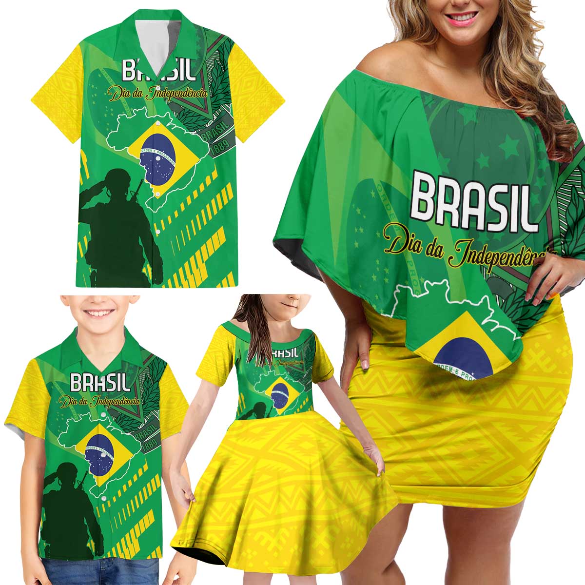 Custom Brazil Happy Independence Day Family Matching Off Shoulder Short Dress and Hawaiian Shirt Cristo Redentor Flag Style - Wonder Print Shop
