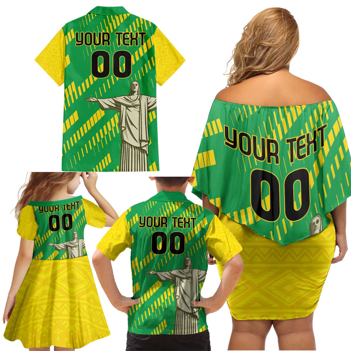 Custom Brazil Happy Independence Day Family Matching Off Shoulder Short Dress and Hawaiian Shirt Cristo Redentor Flag Style - Wonder Print Shop