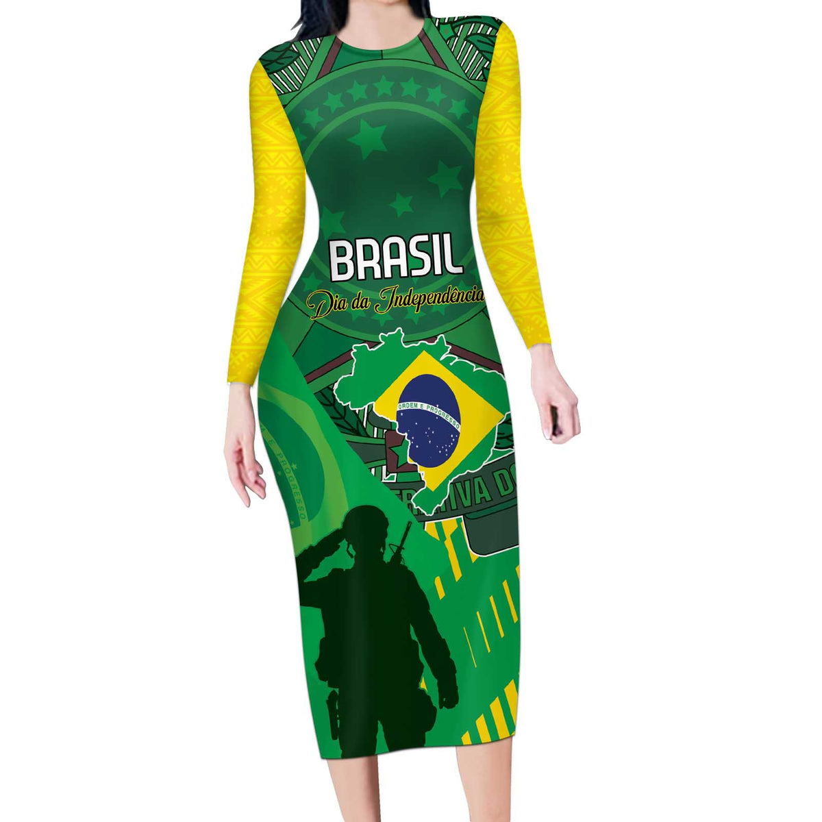 Custom Brazil Happy Independence Day Long Sleeve Bodycon Dress Cristo Redentor Flag Style - Wonder Print Shop