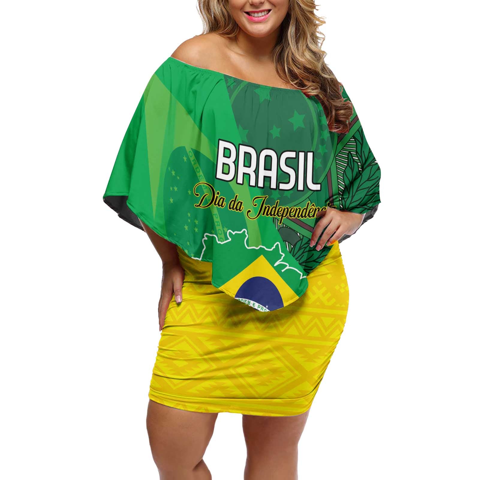 Custom Brazil Happy Independence Day Off Shoulder Short Dress Cristo Redentor Flag Style - Wonder Print Shop