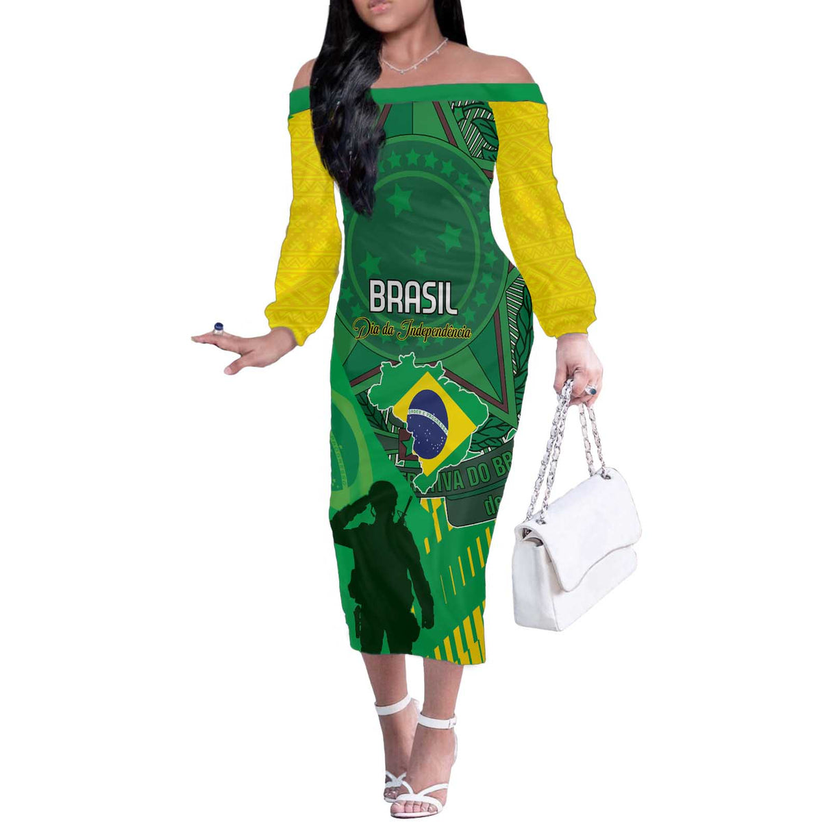 Custom Brazil Happy Independence Day Off The Shoulder Long Sleeve Dress Cristo Redentor Flag Style - Wonder Print Shop