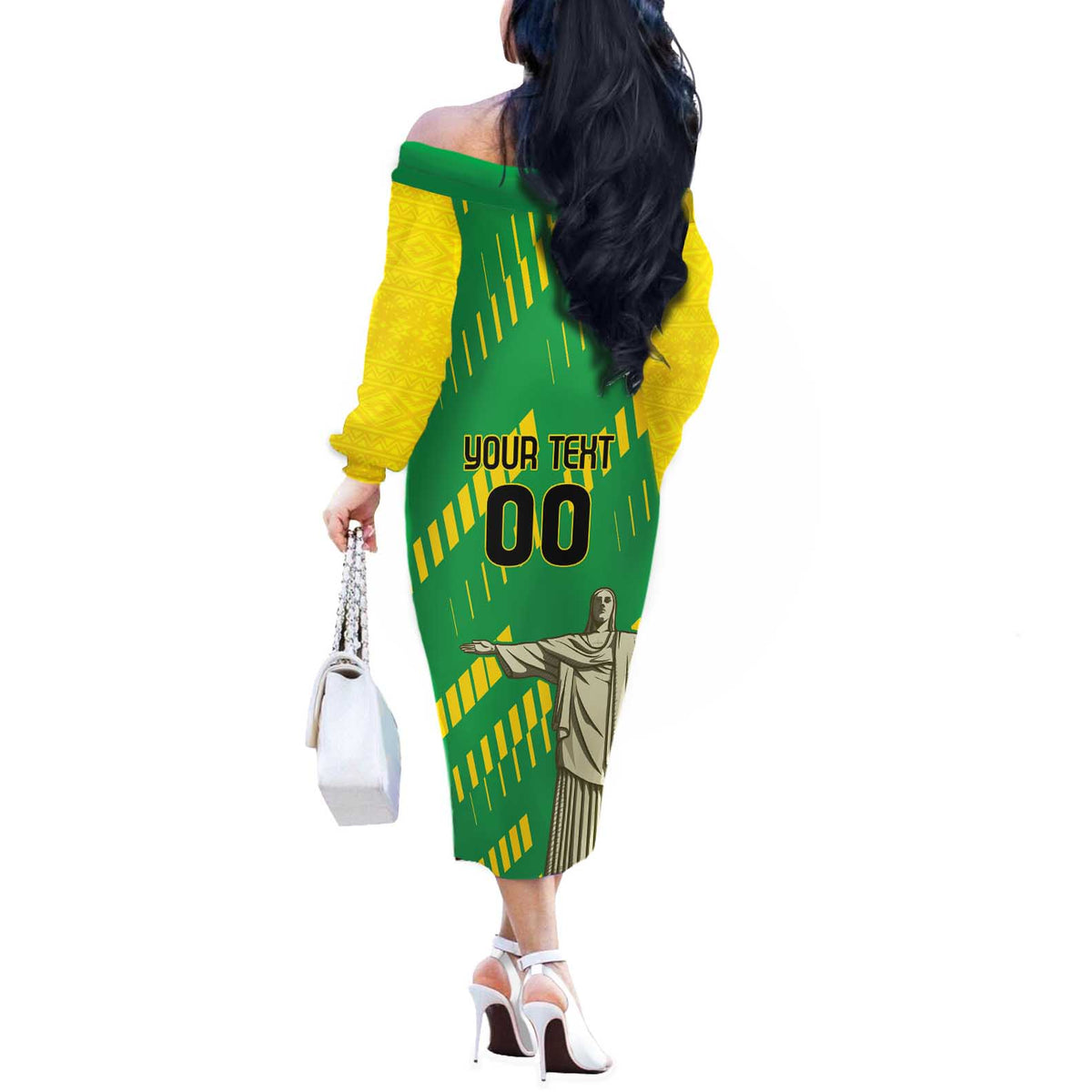 Custom Brazil Happy Independence Day Off The Shoulder Long Sleeve Dress Cristo Redentor Flag Style - Wonder Print Shop